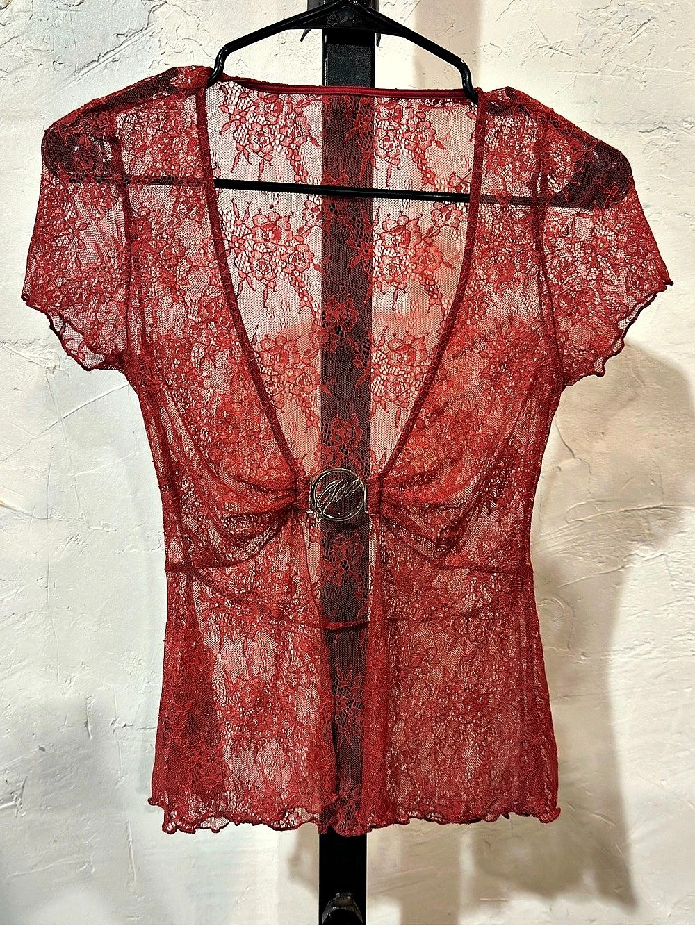 Gia red lace blouse with silver buckle